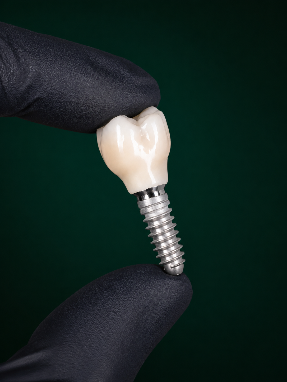 Implant dentaire et sa couronne tenus entre des doigts gantés
