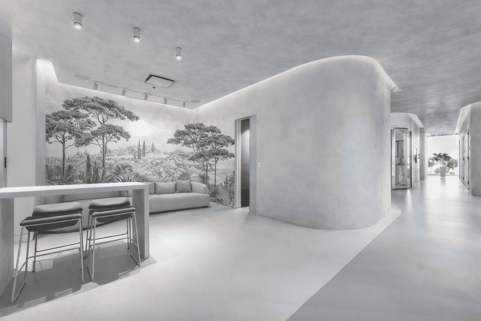Espace d'accueil du cabinet avec mur arrondi et fresque de paysage