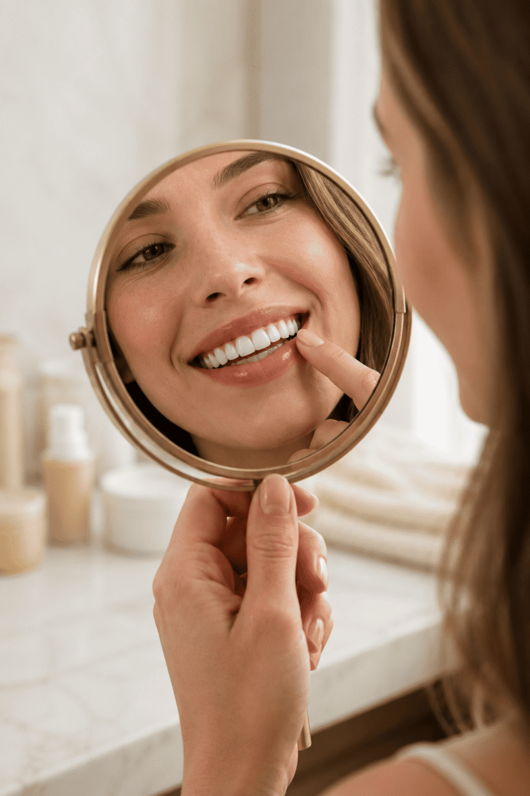 Femme souriante qui se regarde dans un miroir à main